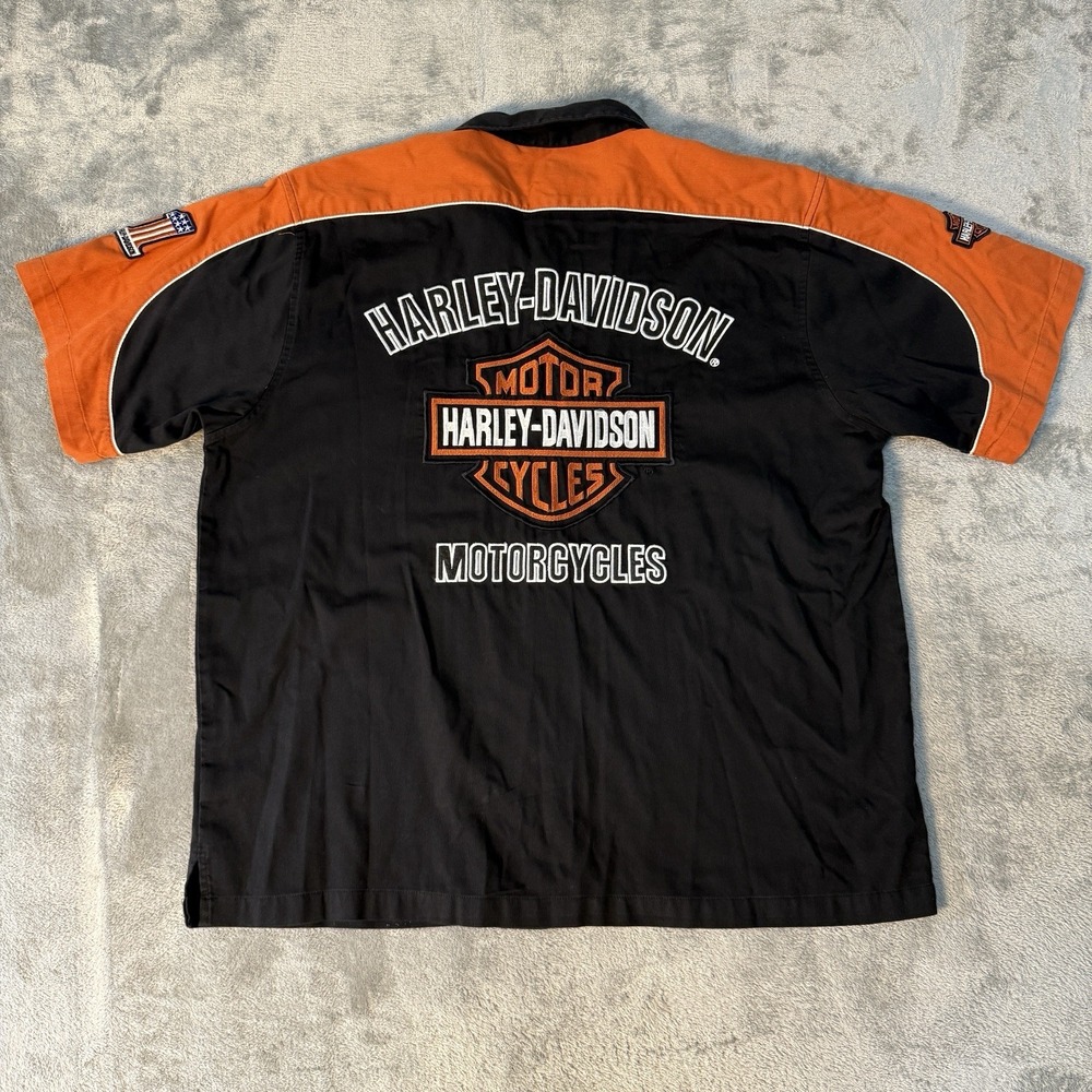 Harley Davidson Button Down Shirt Mens XL Black Orange Short Sleeve Logo - Picture 2 of 8